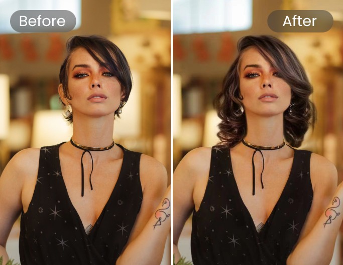 Bir fotoğraftaki siyah elbiseli bir bayanın saç stilini değiştirmek için fotor ai saç modeli değiştiricisini kullanın
