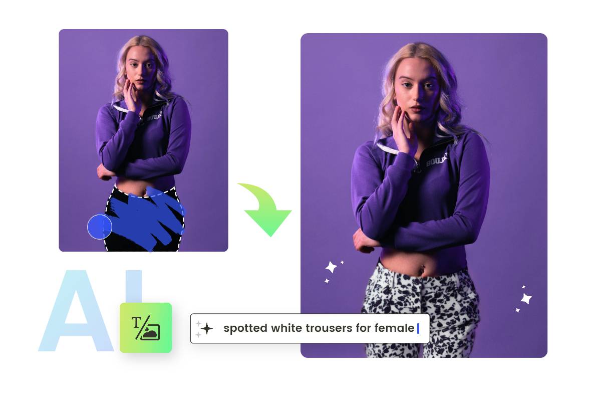 Use fotor ai inpainting tool to generate a spooted white trousers for female