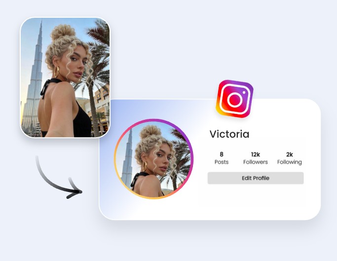 the before and after effect of using fotor to circle crop image for profile picture of a woman on instagram