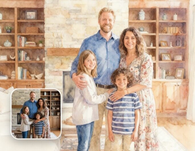 Watercolor painting version of a family group photo created with AI