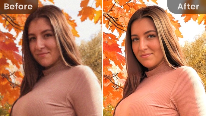 Comparación de retrato de mujer con nitidez y detalles mejorados mediante el mejorador de calidad fotográfica de Fotor