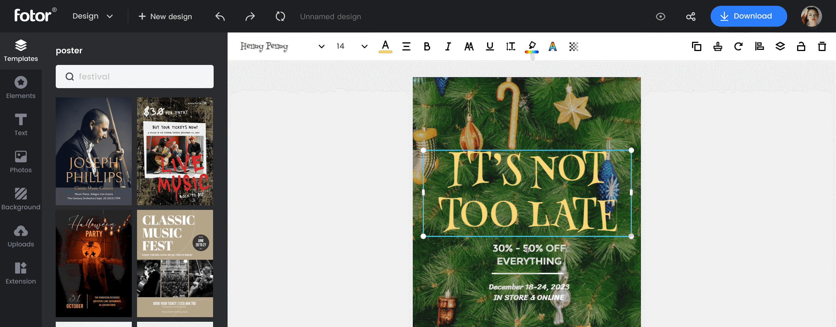 operation interface of fotor poster maker with a green christmas sale poster