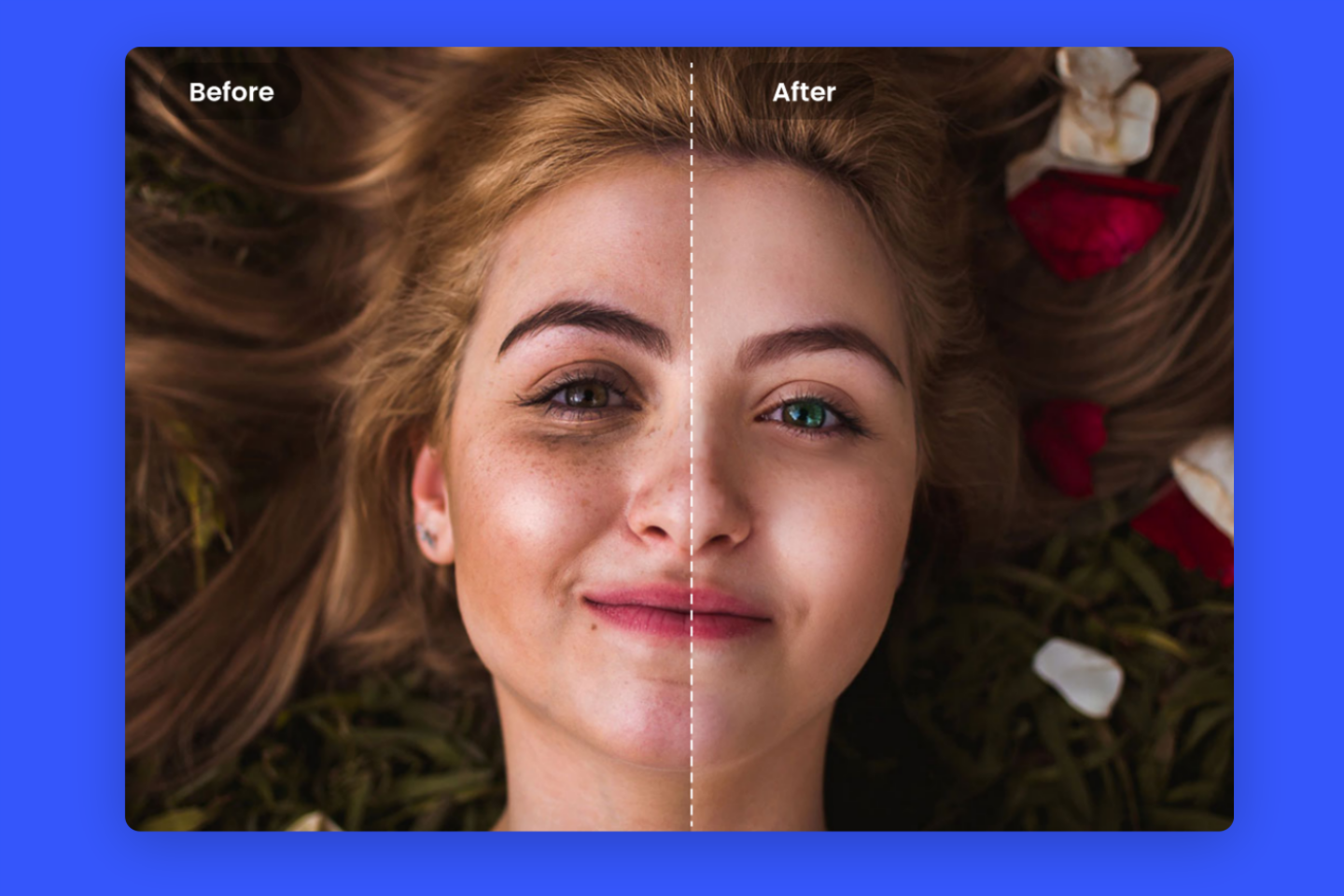 a before and after comparison image of a woman with blemishes removed