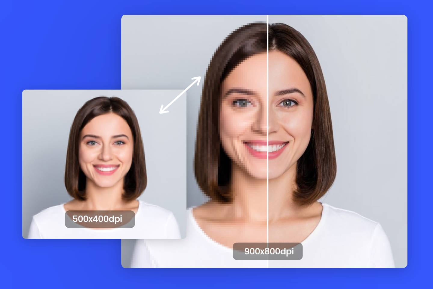 Comparison woman photo of before and after enhancement with 4k image upscaler