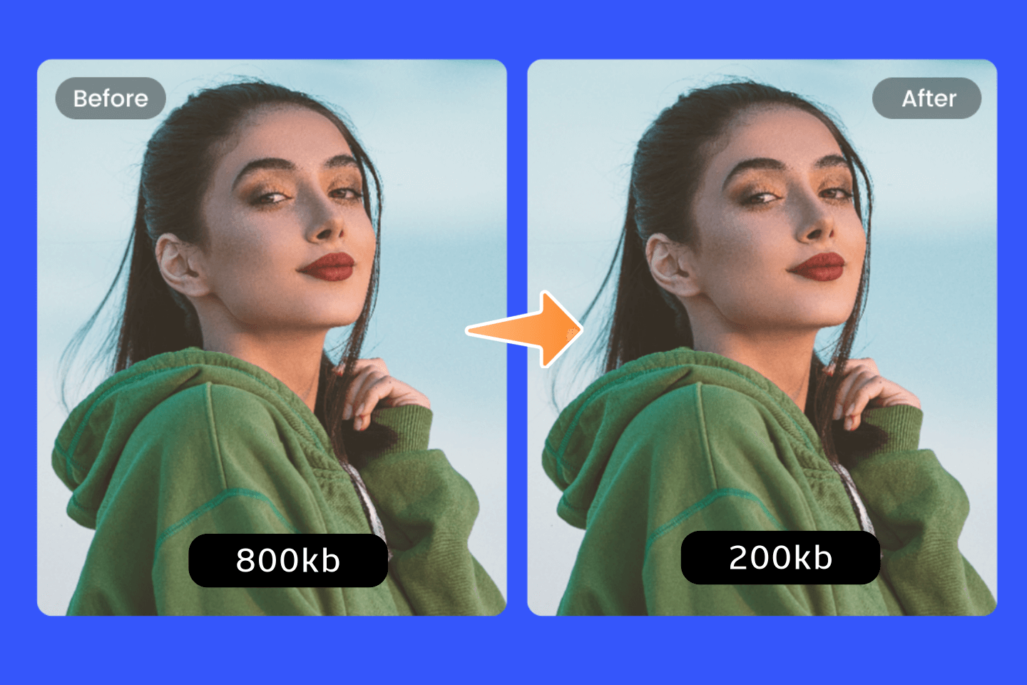 Kompres ukuran potret wanita dari 800 kb menjadi 200 kb dengan kompresor gambar fotors