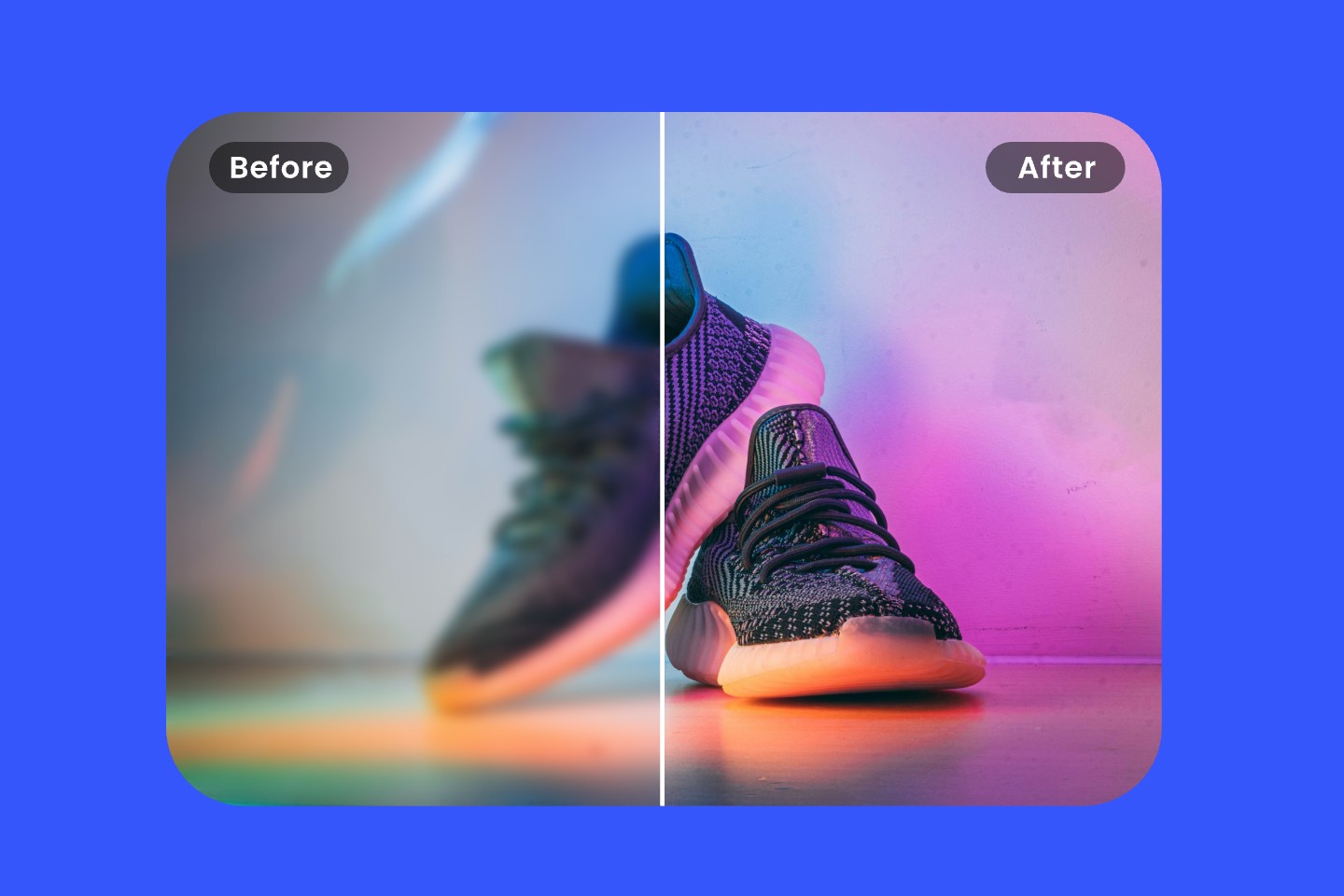 a before-and-after comparison image showing the improvement of a shoe photo using fotor ai image upscaler