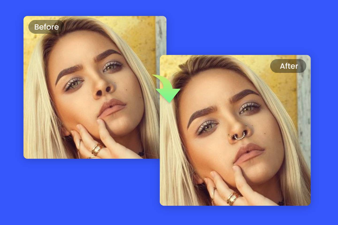 Bannière d’image comparative de piercing au nez d’une femme avec et sans anneau au nez