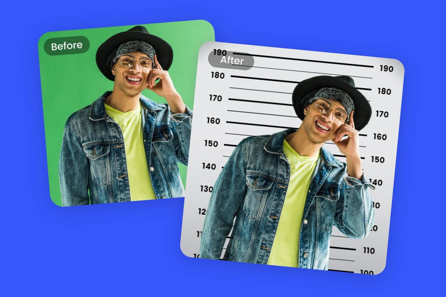 Turn a man portrait into a mugshot