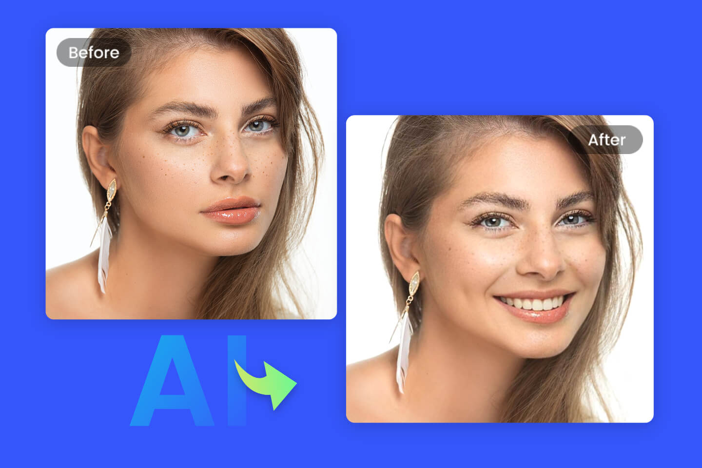 Utilisez le générateur de sourire en ligne gratuit de Fotor pour ajouter un sourire sur une photo, en changeant l'expression du visage d'une femme de sérieuse à souriante grâce à l'IA.