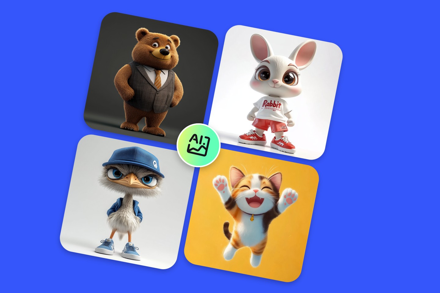 Use the AI mascot generator to create four mascots a bear in a suit a sporty bunny an ostrich in a hat and an adorable jumping up kitten