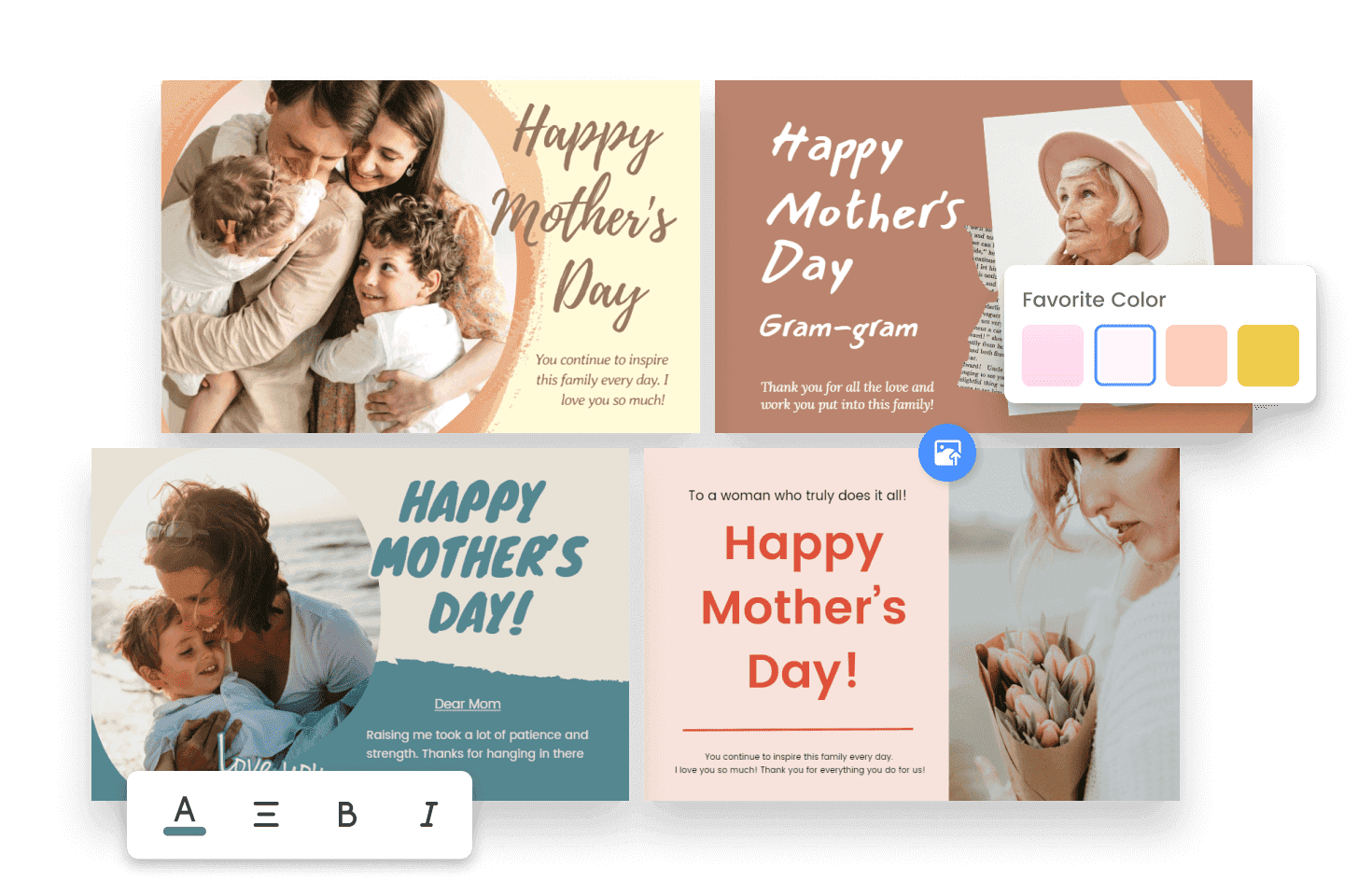Quatre modèles de cartes de Fête des mères de Fotor à personnaliser en modifiant des paramètres