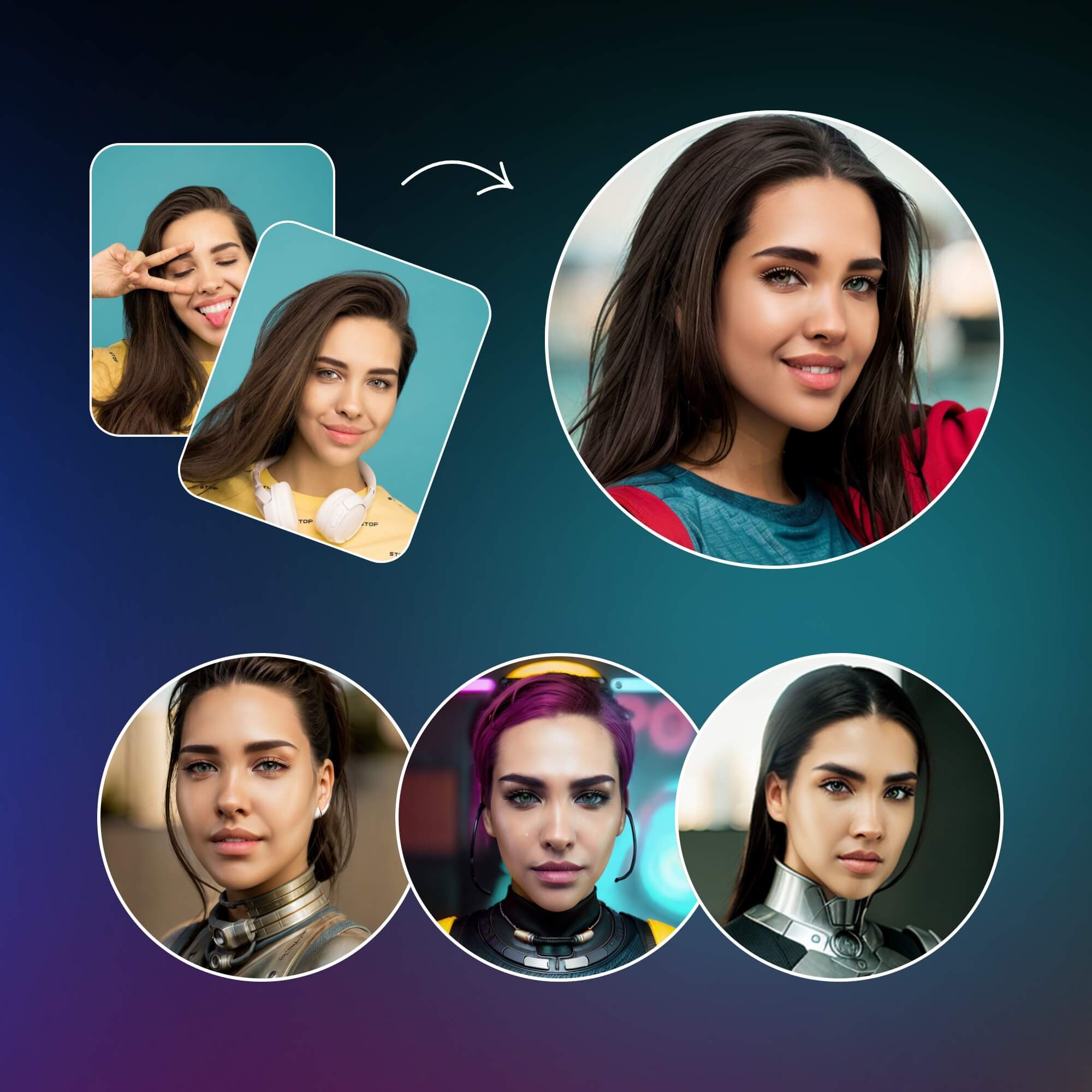 Create various styles of ai avatars using a photo of a beautiful female