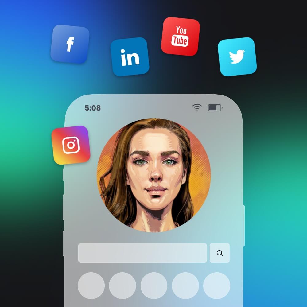 Avatar femenino en iPhone con íconos de redes sociales