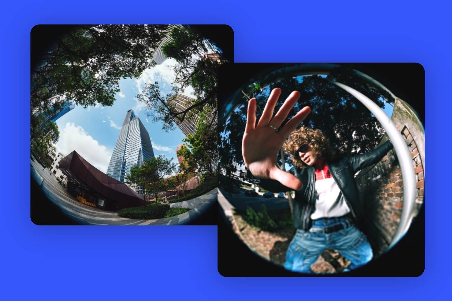 Fisheye city view and fisheye effect boy image