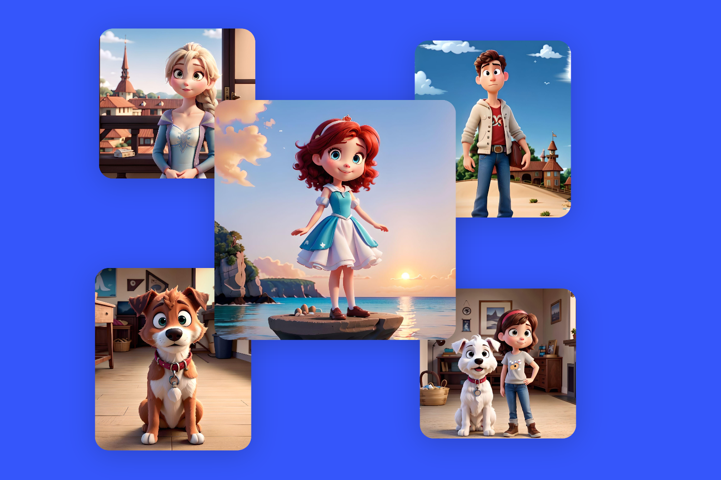 Fünf Disney-Pixar-Bilder im Stil von Fotor's Disney Pixar KI-Bildgenerator