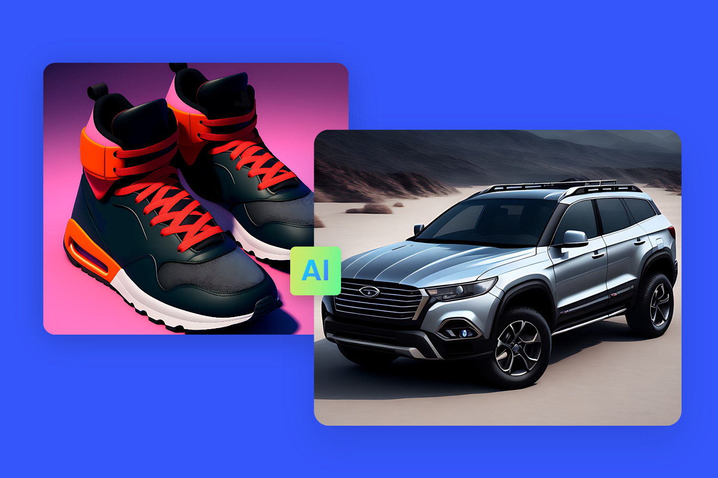 Generate 3d SUV car and shoe design in fotor ai 3d image generator