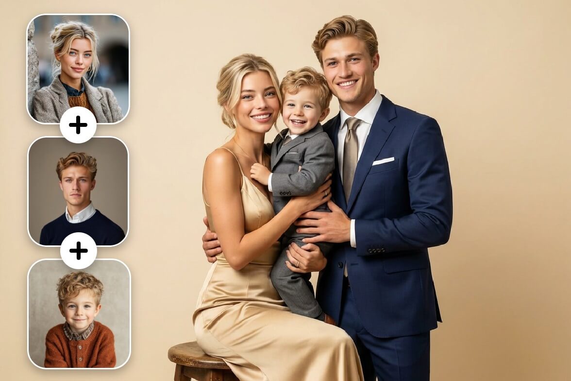 Make ai family portrait from individual photos online for free with Fotor AI family photo generator