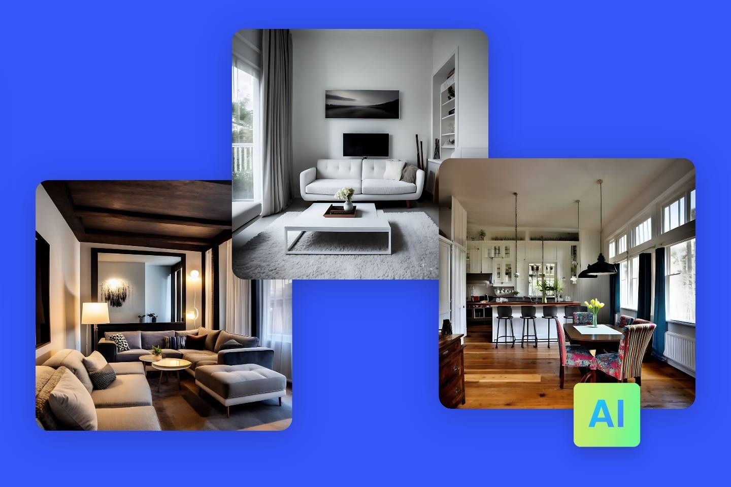 Trois modèles de décoration d'intérieur générés par ordinateur dans un style moderne à partir de l'outil de décoration d'intérieur fotor ai