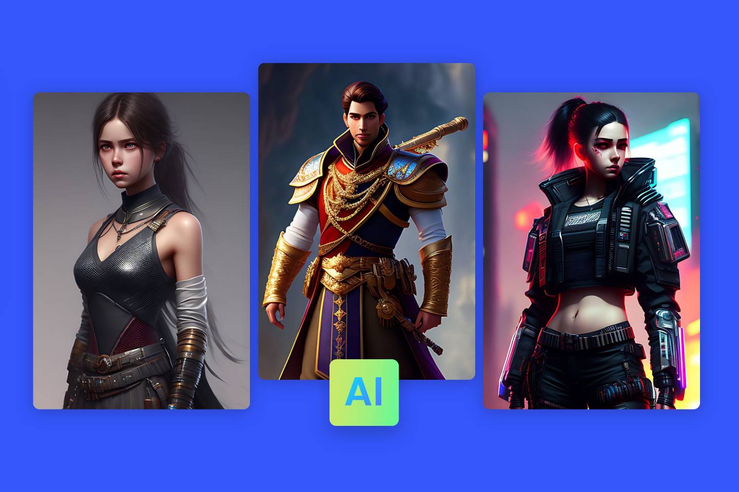 Tres personajes generados por IA en estilo realista, Disney y cyberpunk del generador de personajes de Fotor.