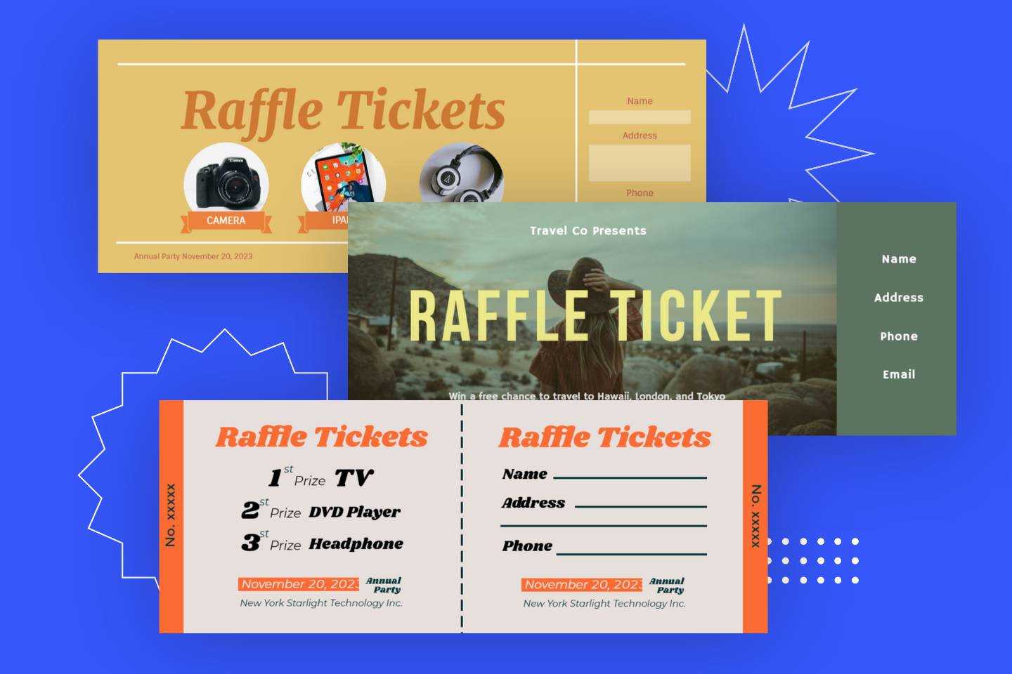 Three fashion yellow blur and orange raffle tickets from fotor
