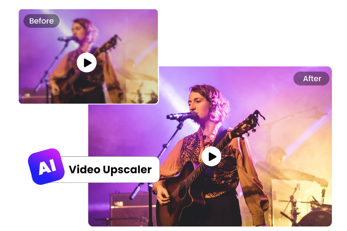 Automatically improve video quality of girl playing guitar with ai video upscaler online