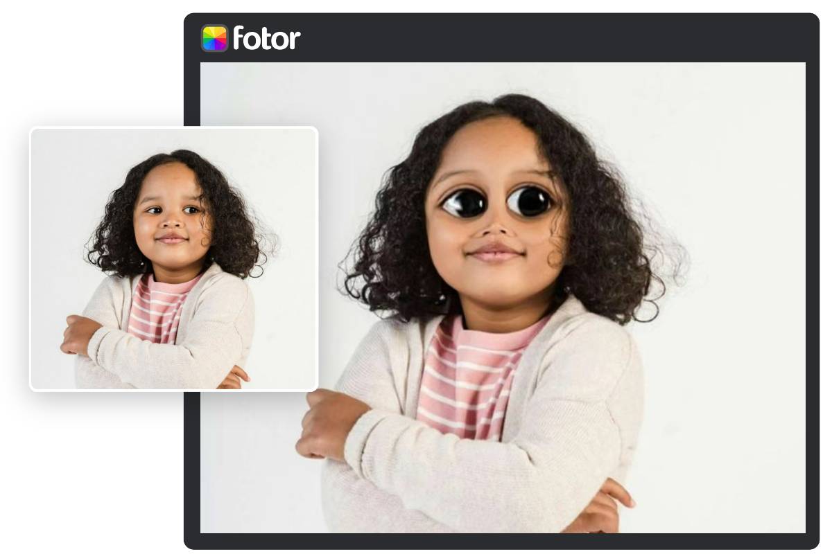 Das Foto des Maedchens wurde durch einen lustigen Filter mit uebertriebenen Merkmalen komisch gemacht