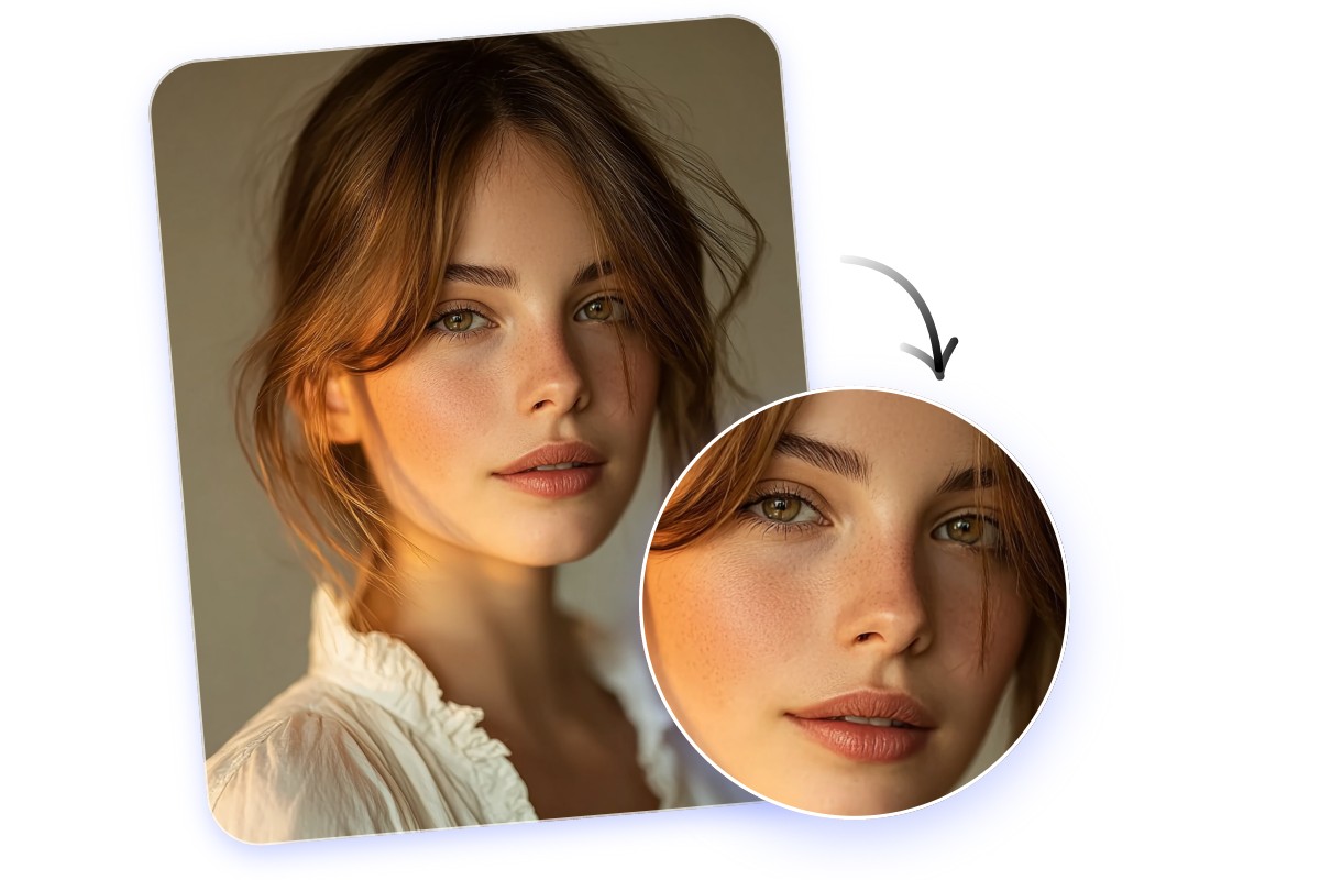 A brown eyes ai girl wearing a white top has natural and realistic facial details such as freckles and wrinkles