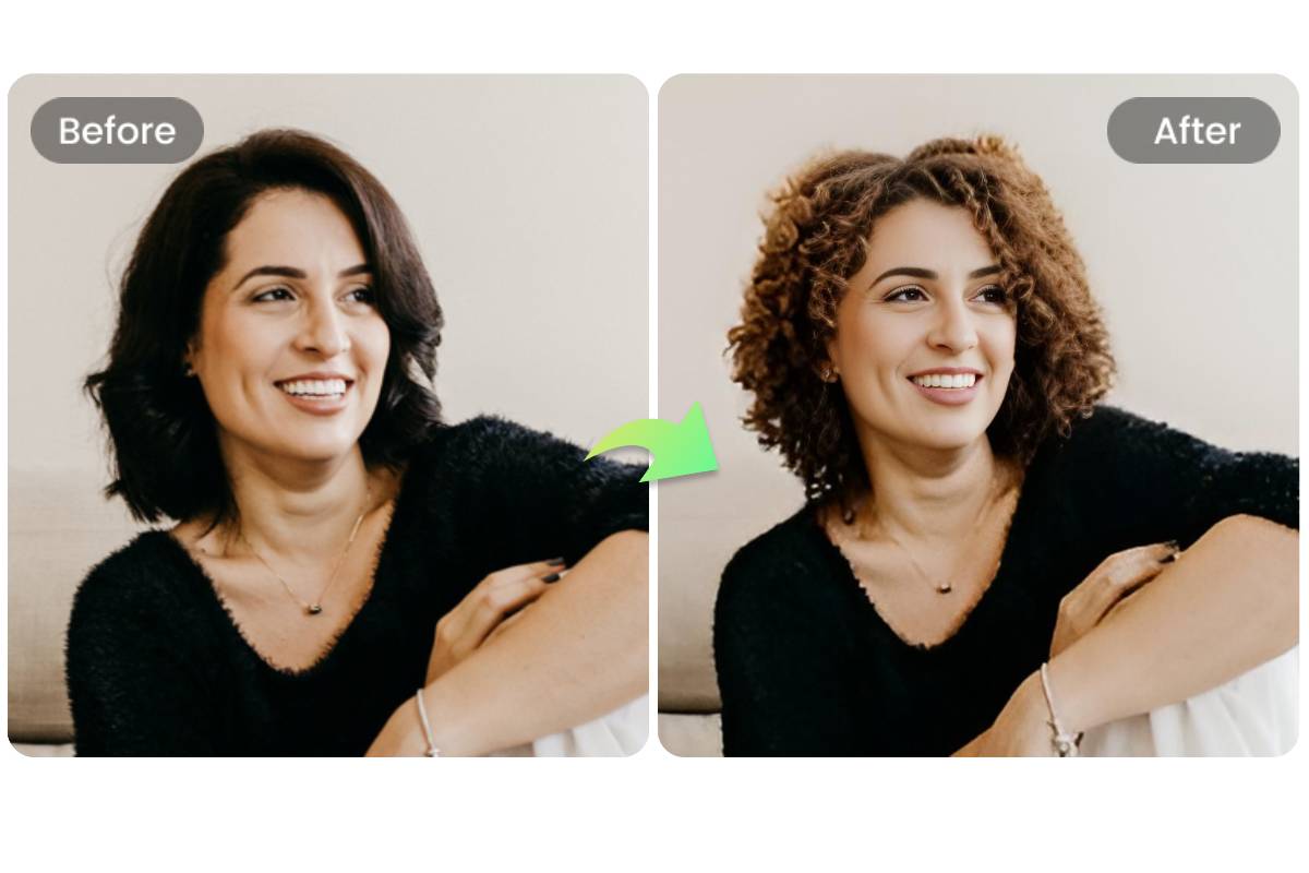 A comparison of a womans straight and curly hair