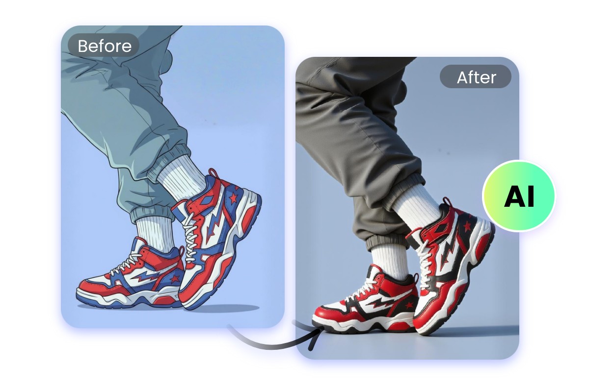 AI anime to real generator creates a pair of shoes from the given cartoon style image