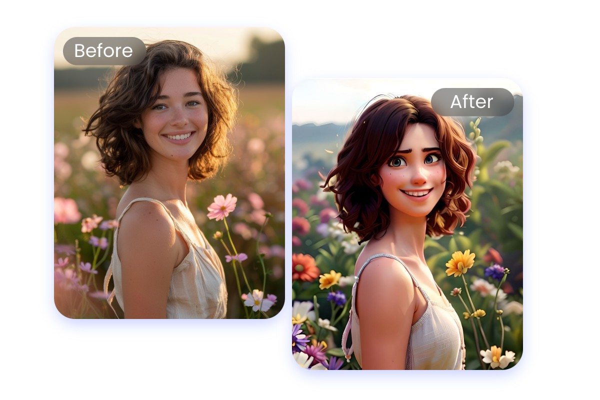 Générateur de personnage IA à partir d’image permettant de transformer une femme aux cheveux bruns courts en style cartoon 3D
