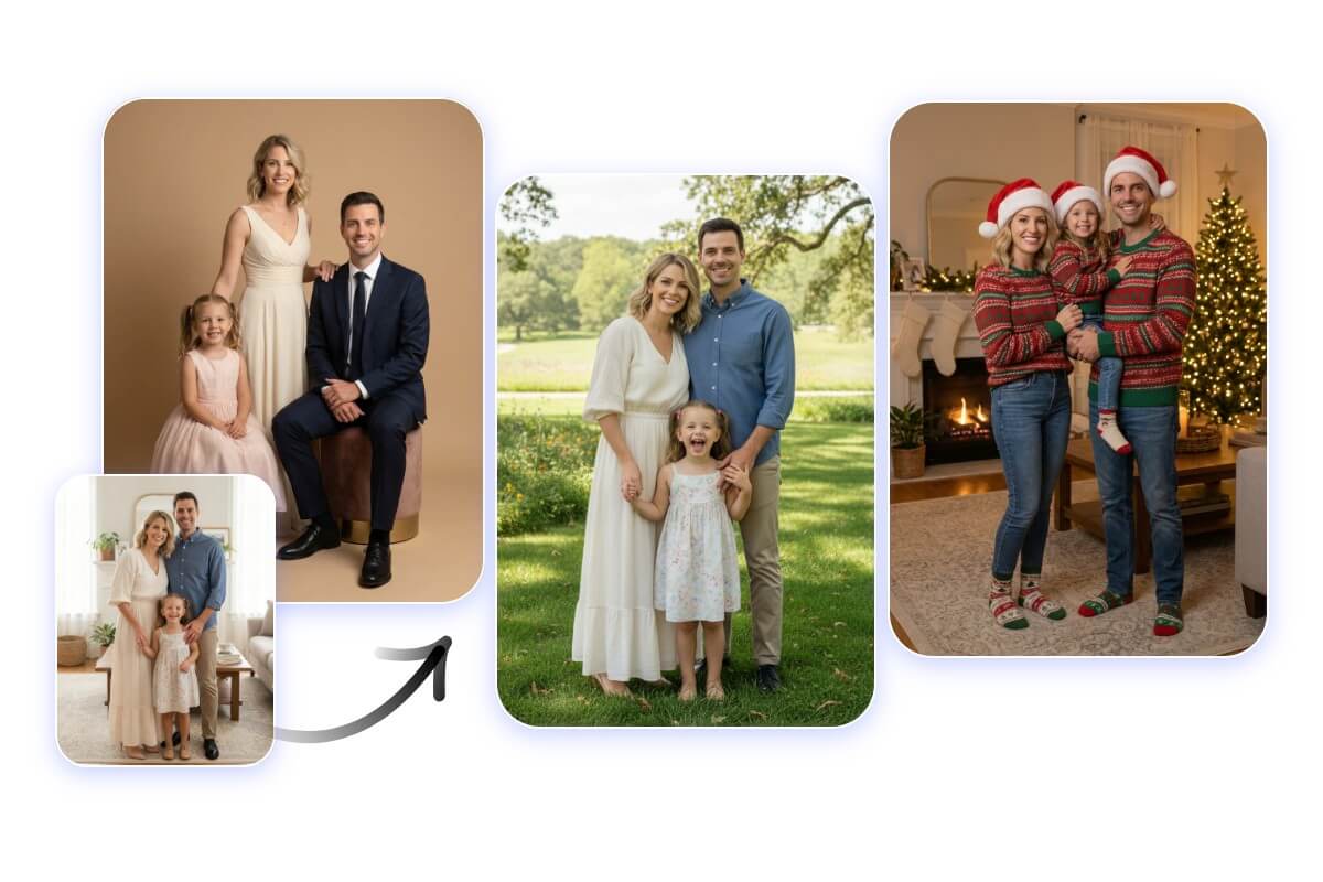 AI generated family photos in different styles including classic studio outdoor park and holiday themes