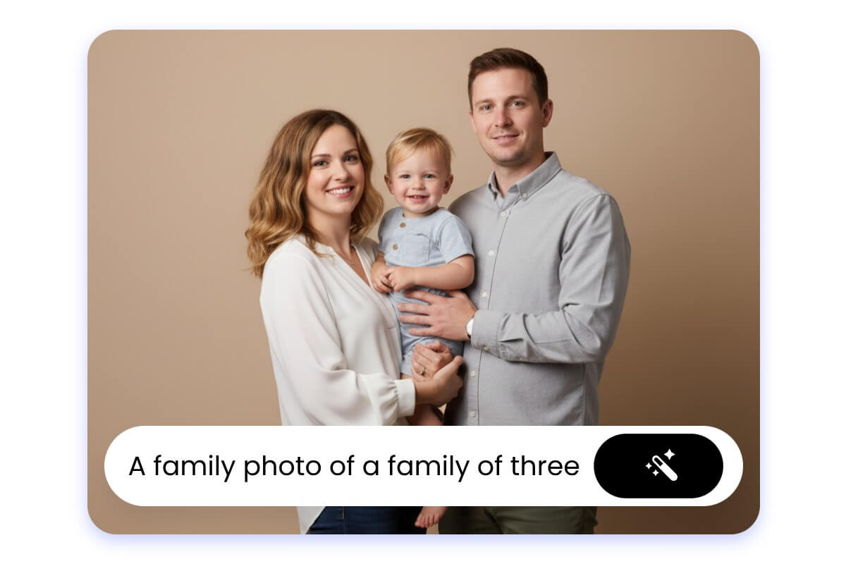 AI generated family portrait from text prompt describing a family of three in a professional studio theme