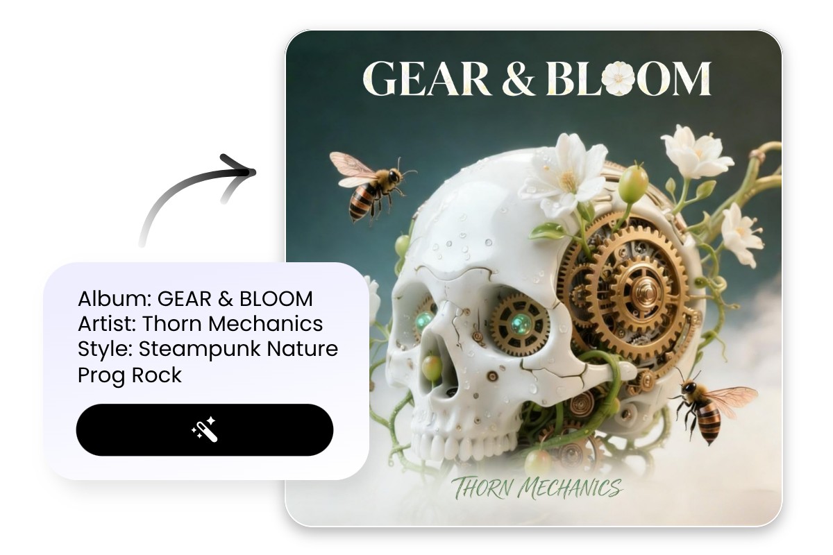 AI one click text to image steampunk skull album cover