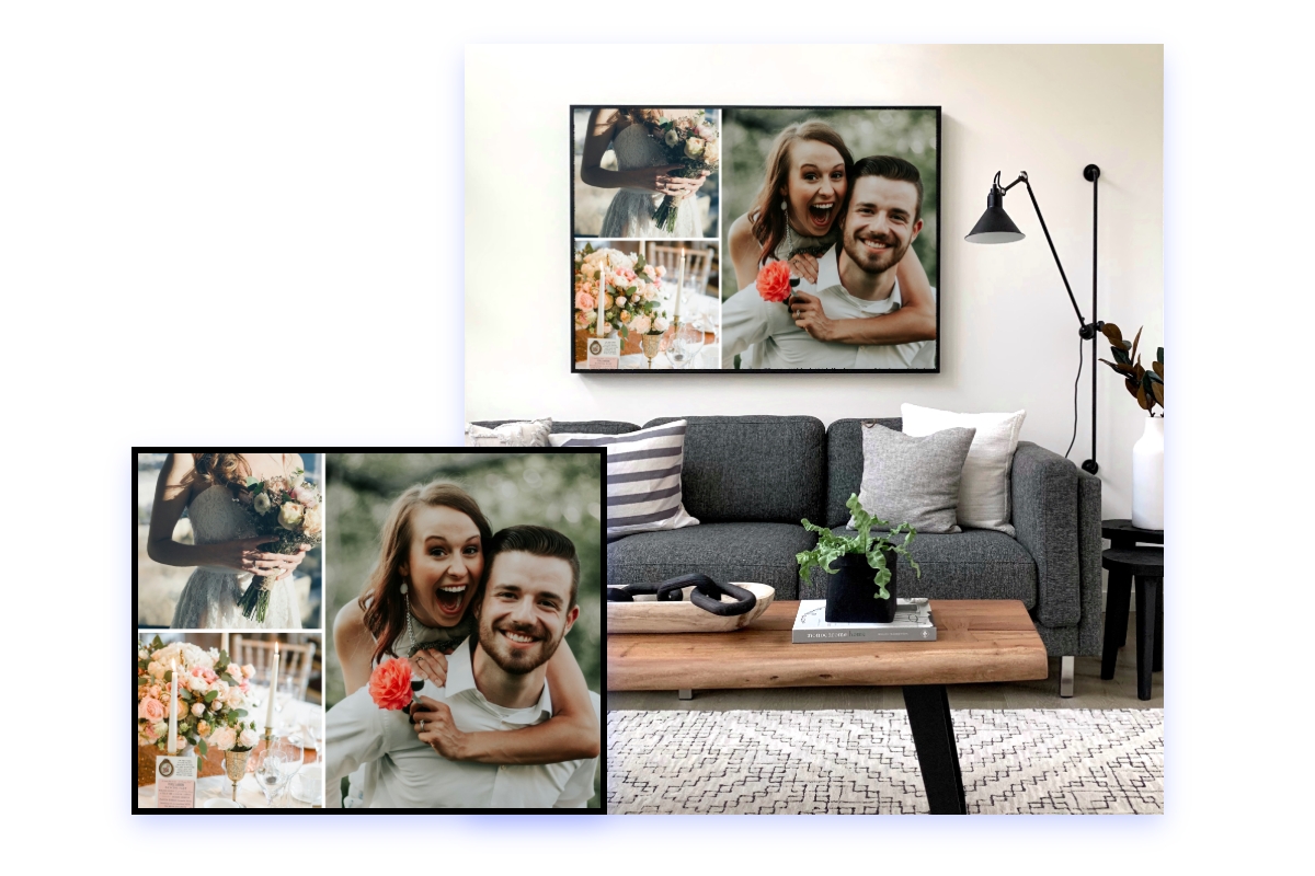 Add picture frames to photos and combine them as wall decorations for your home