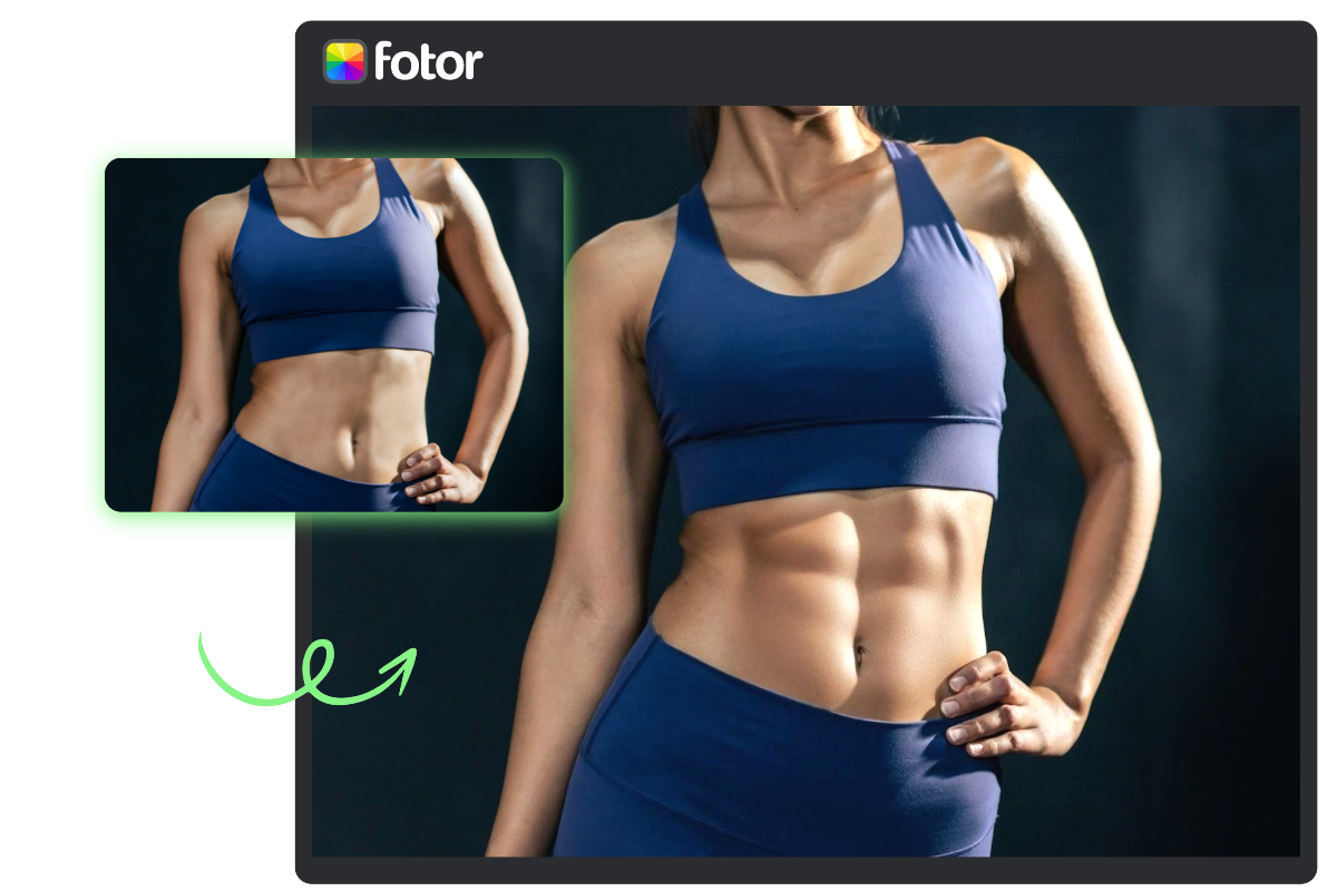 Fügen Sie einem weiblichen Fitnessfoto auf Fotor ein Sixpack hinzu.
