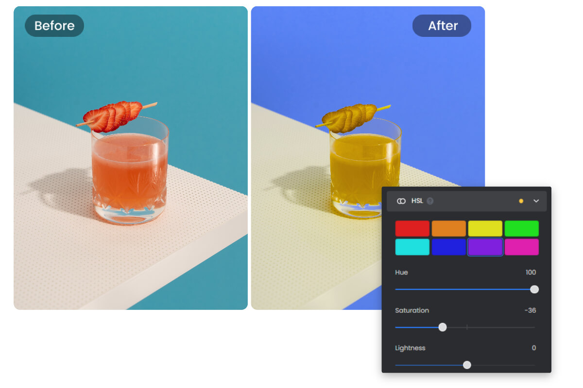 Adjust hue of an image with Fotors HSL tool