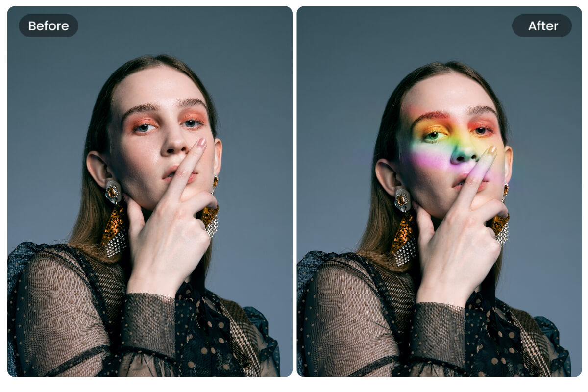 Before and after images of adding a rainbow effect to a woman portrait
