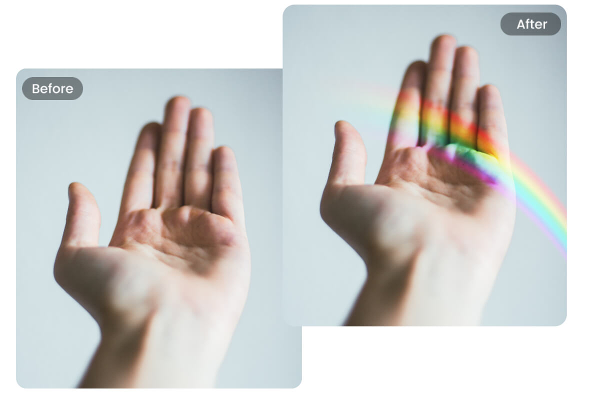 Before and after images of adding a rainbow filter to a hand photo