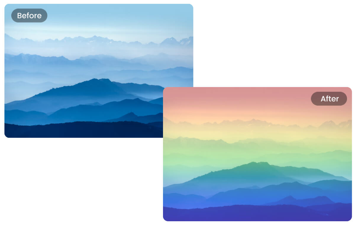 Before and after images of applying a rainbow filter to a landscape photo