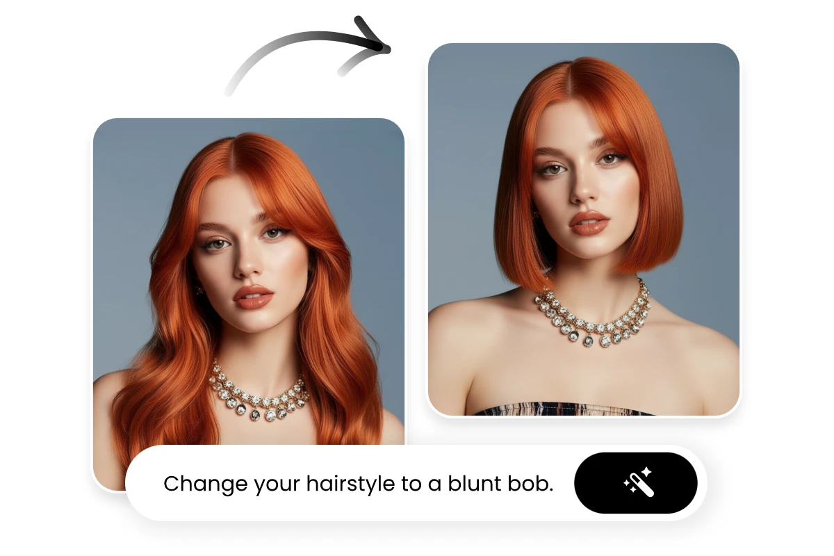 Before and after using AI hairstyle changer to try a blunt bob haircut
