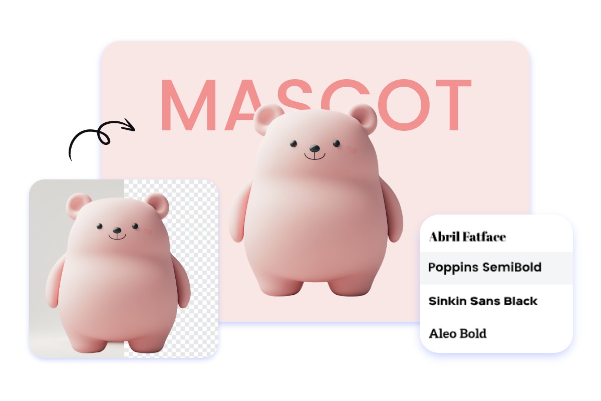 Change the background of a pink bear mascot image and add text to it
