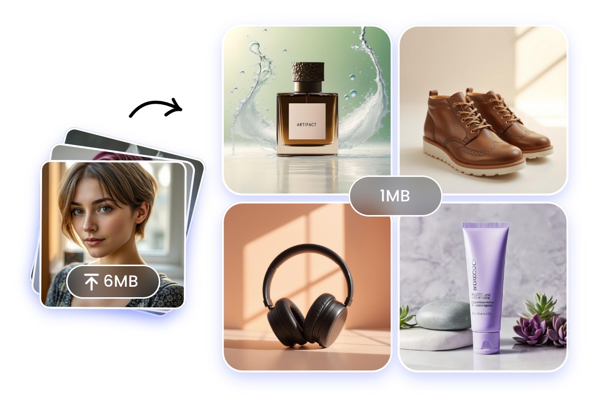 Compress a bunch of product images including perfume shoes earphone and sleansing lotion to 1mb at once