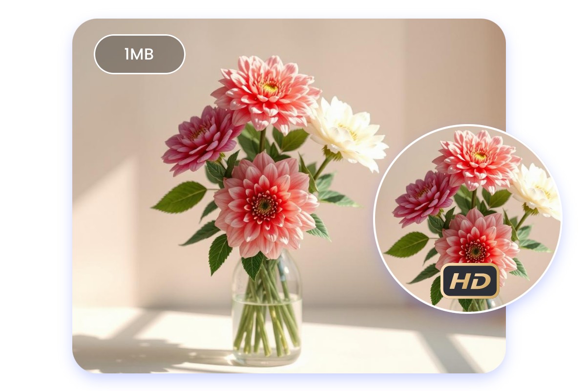 Compress a vase with pink and white bouquets image to 1mb with high quality in fotor