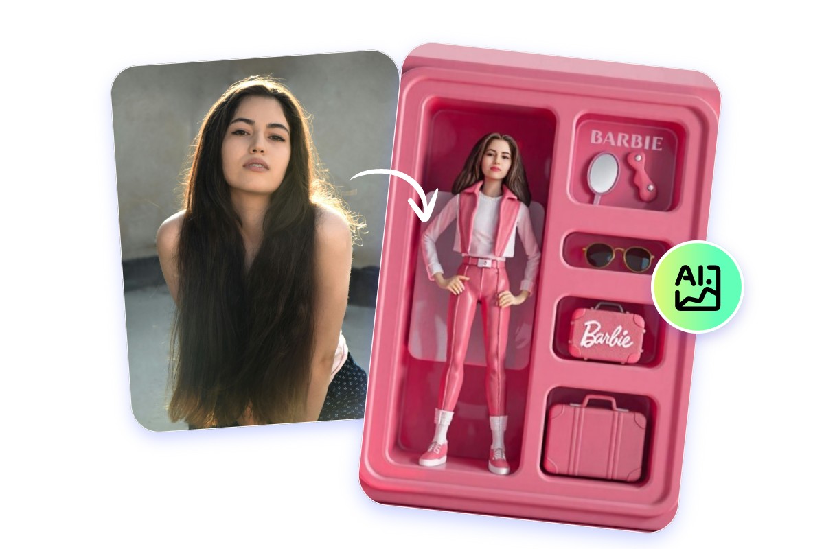 Create a barbie box image with ai from a photo of a long straight black hair girl