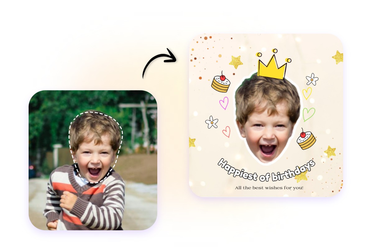 Recorta la cabeza de un niño corriendo y crea un cartel de cumpleaños con cabeza grande y feliz
