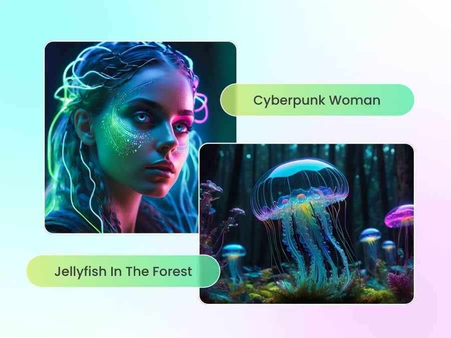 Fotorによって生成されたサイバーパンク風の女性肖像とネオンライトが照らされたクラゲのアートワーク