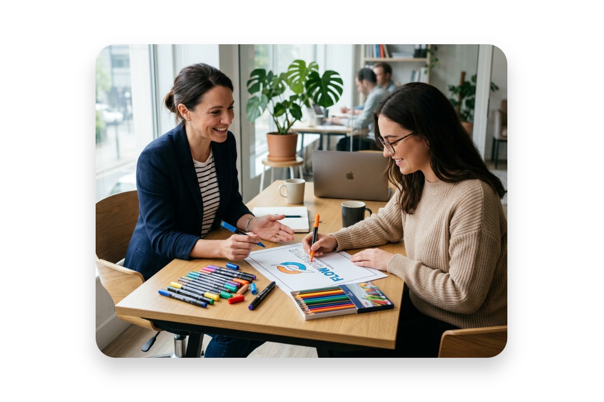 Deux femmes discutant autour dun logo à colorier dans un bureau lumineux