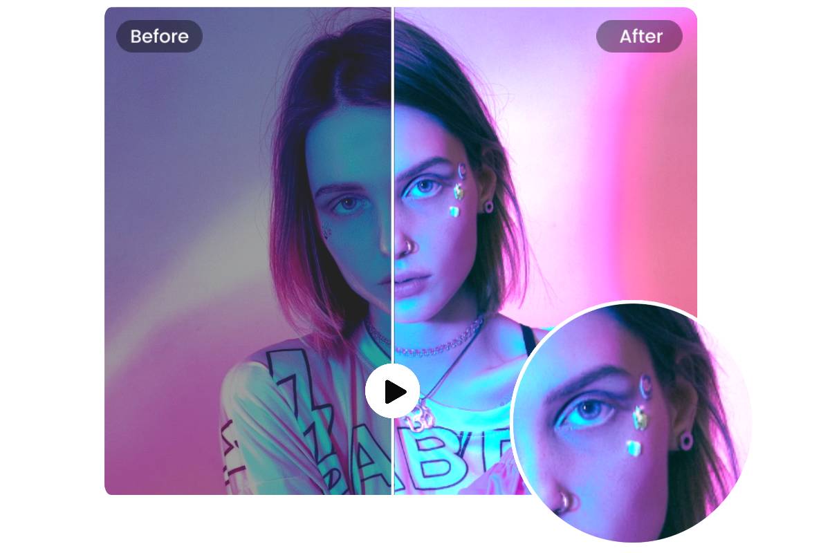 Enhance the brightness of a dark woman image in a video and highlight her eyes