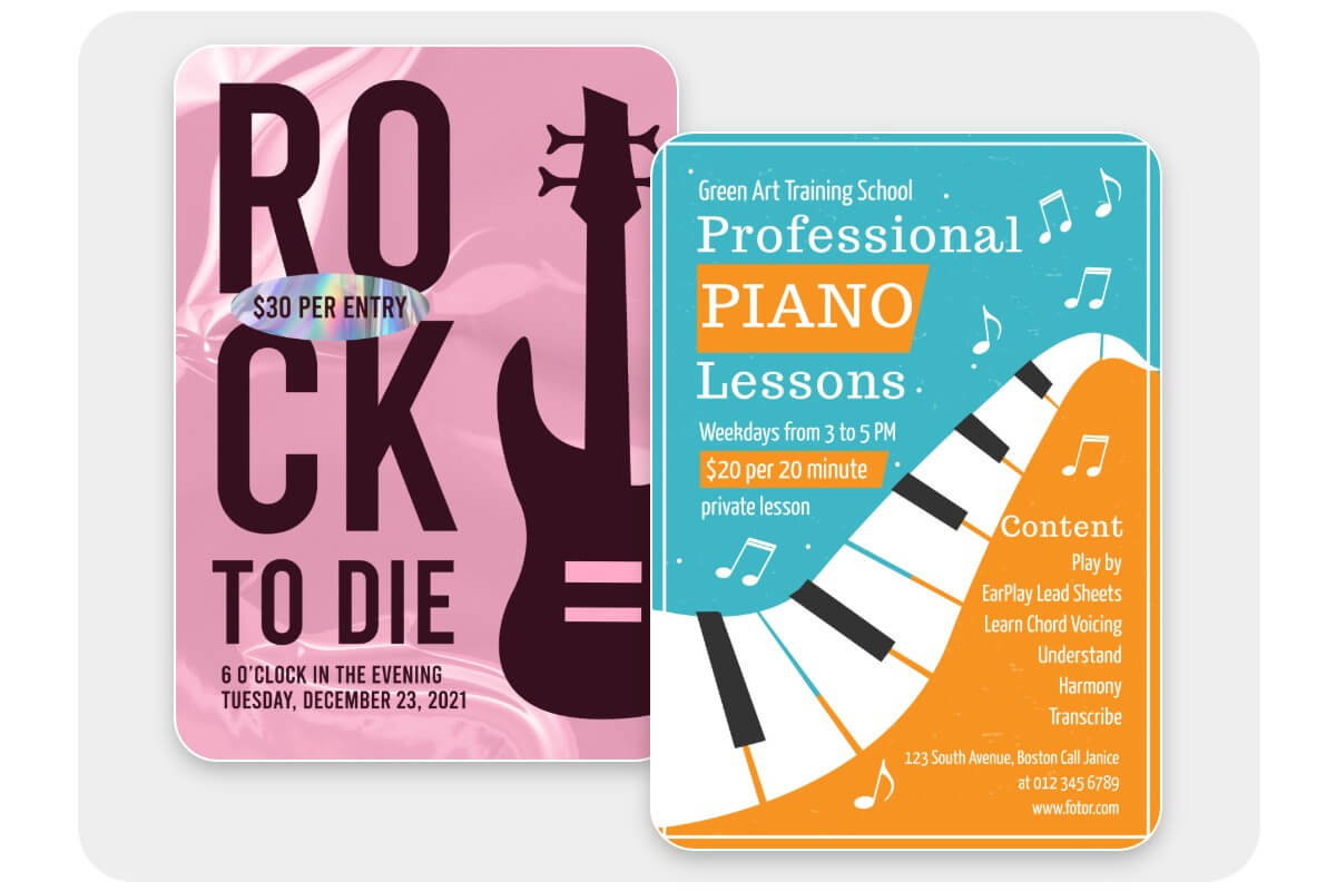 Affiches d'événements musicaux qui concernent un festival musical de rock et des leçons de piano