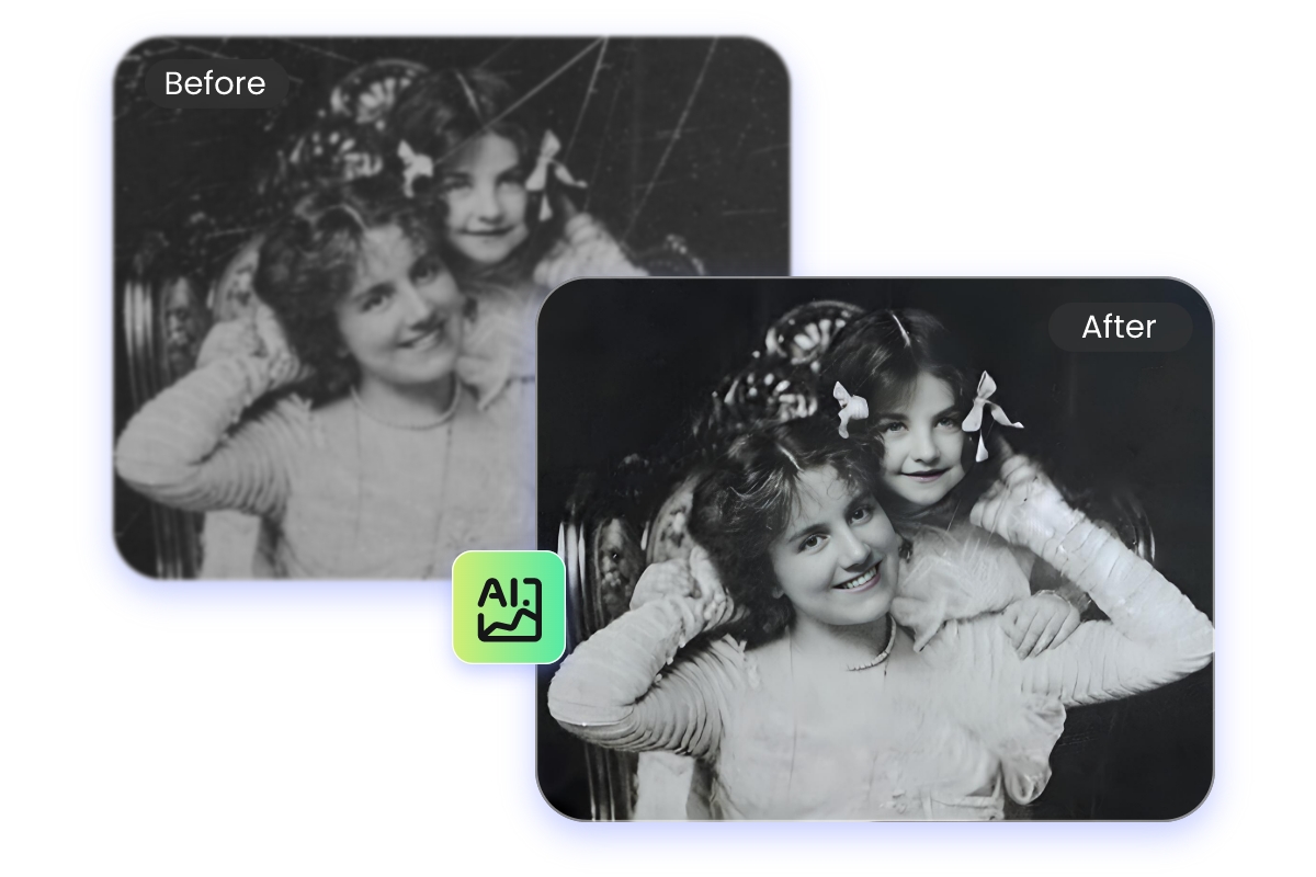 Effet de restauration de photo instantanée par IA de Fotor sur une photo noir et blanc de deux filles souriantes